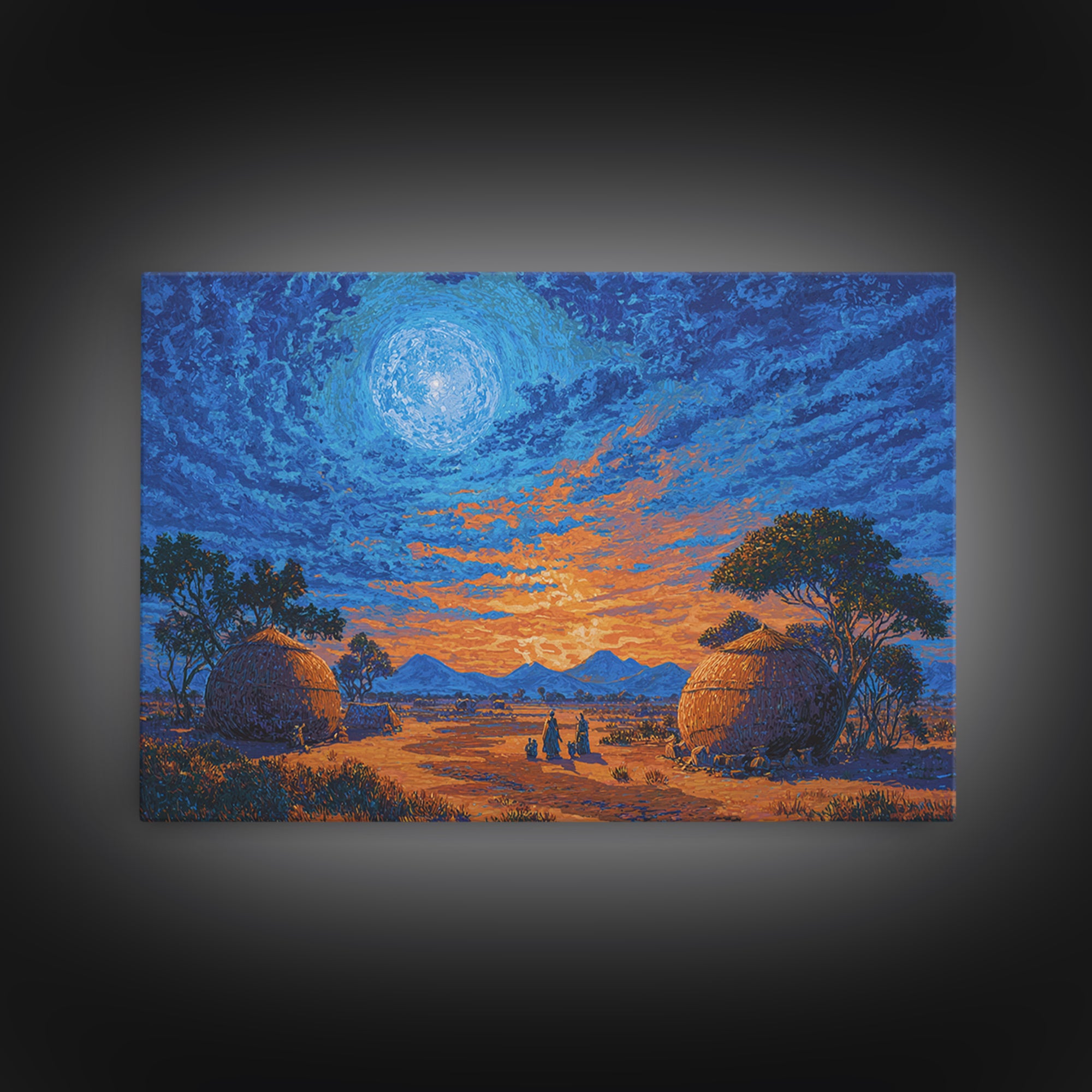 Moonlit African Village Landscape Wall Art, Blue Sunset Safari Decor, Motherland Hut Print, Serene Nature Scene Art Gift For Home