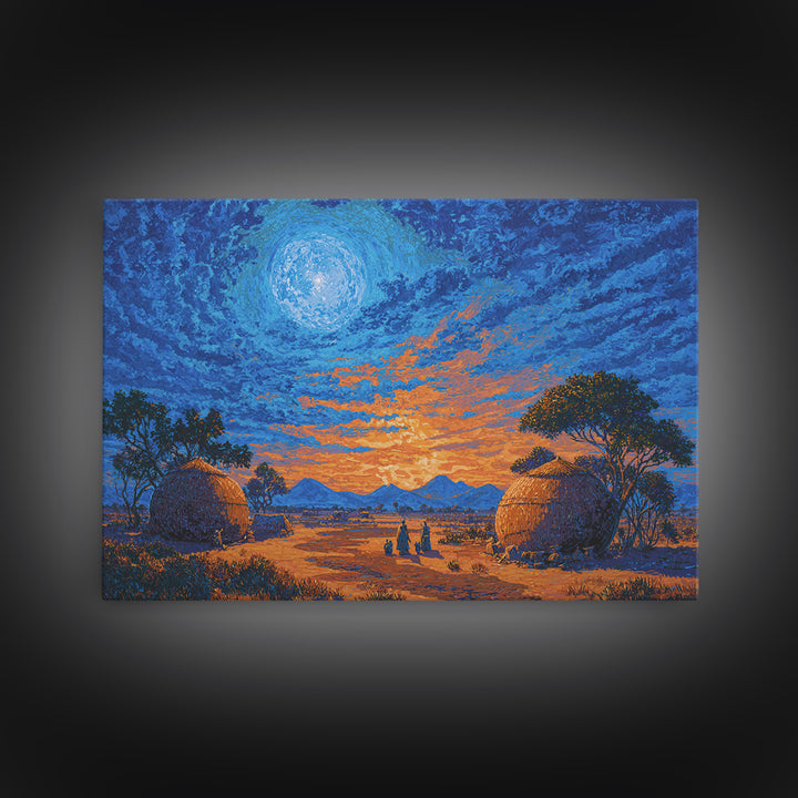 Moonlit African Village Landscape Wall Art, Blue Sunset Safari Decor, Motherland Hut Print, Serene Nature Scene Art Gift For Home