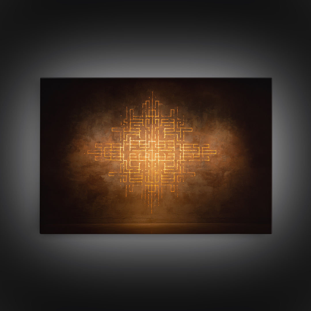Glowing Gold Geometric Totem Canvas Print, African Abstract Wall Decor, Spiritual Symbol Art, Warm Brown Luxury Home Decor