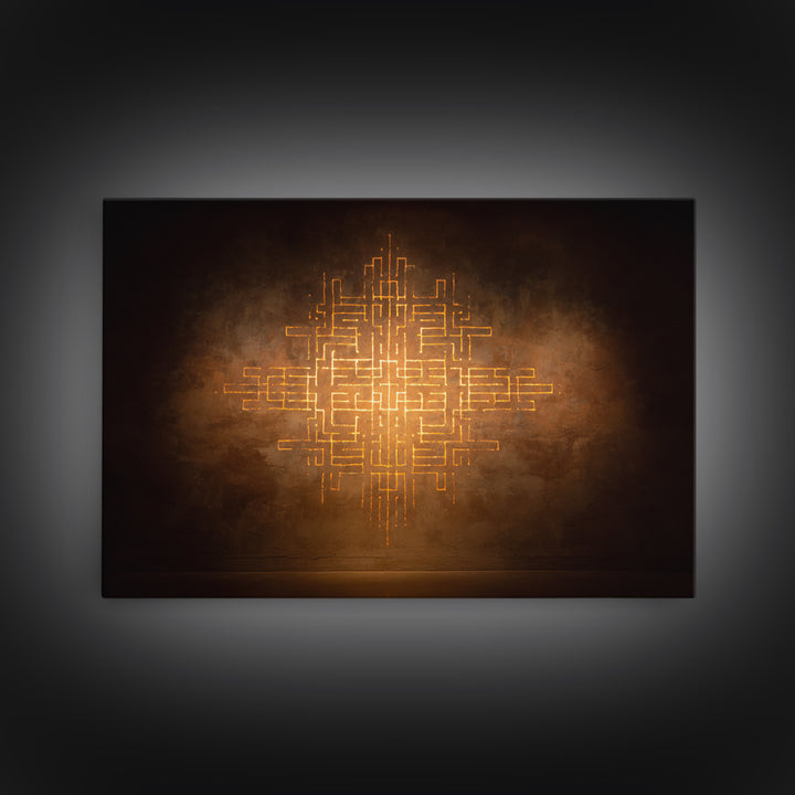Glowing Gold Geometric Totem Canvas Print, African Abstract Wall Decor, Spiritual Symbol Art, Warm Brown Luxury Home Decor