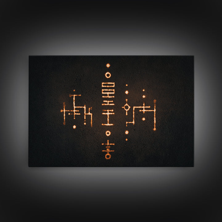 Glowing Orange Tribal Markings Canvas Print, African Symbol Wall Decor, Minimalist Black Abstract Art, Spiritual Home Decor