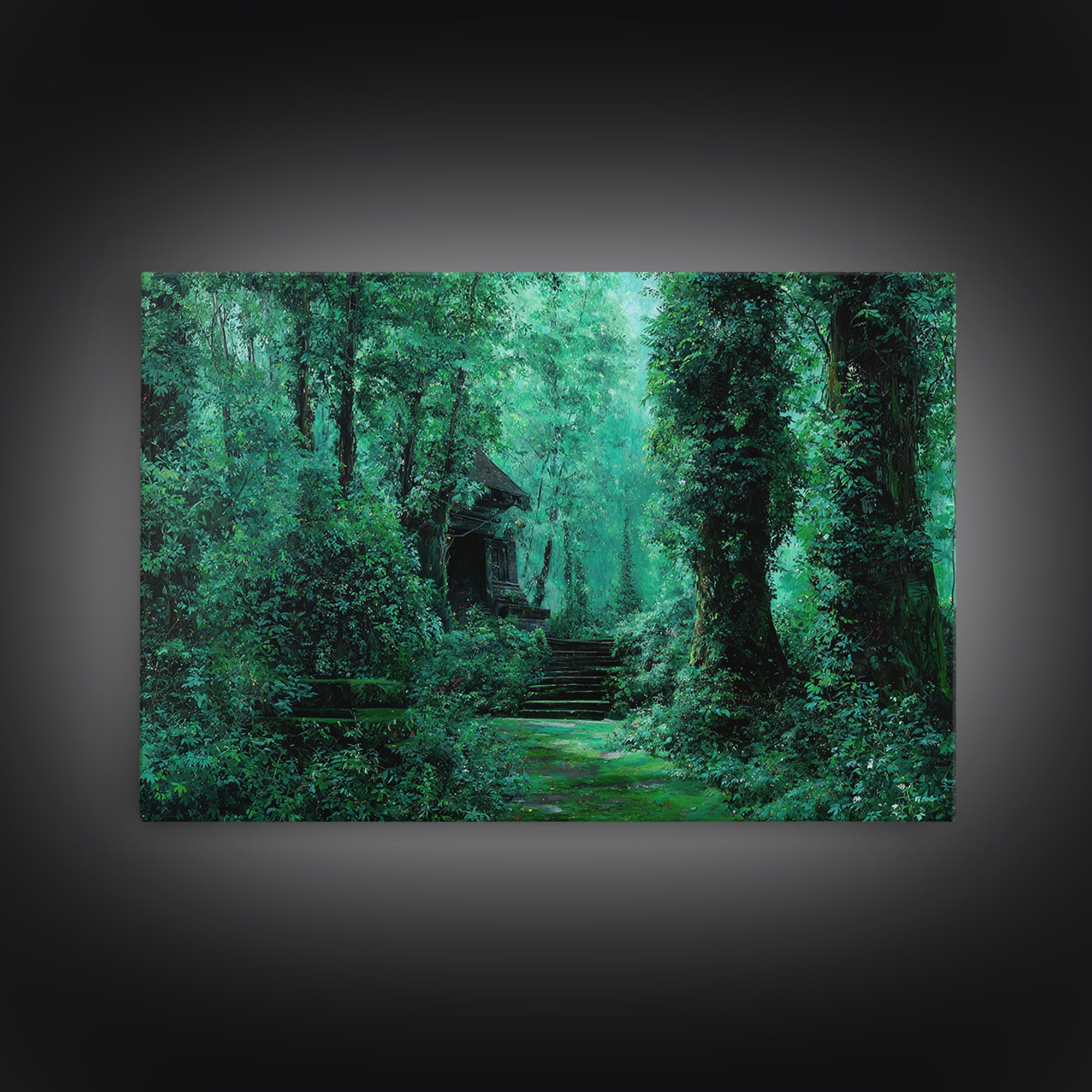 Emerald Forest Ruins And Stone Steps Canvas Print, African Landscape Wall Decor, Mystical Jungle Art, Dreamy Green Home Decor