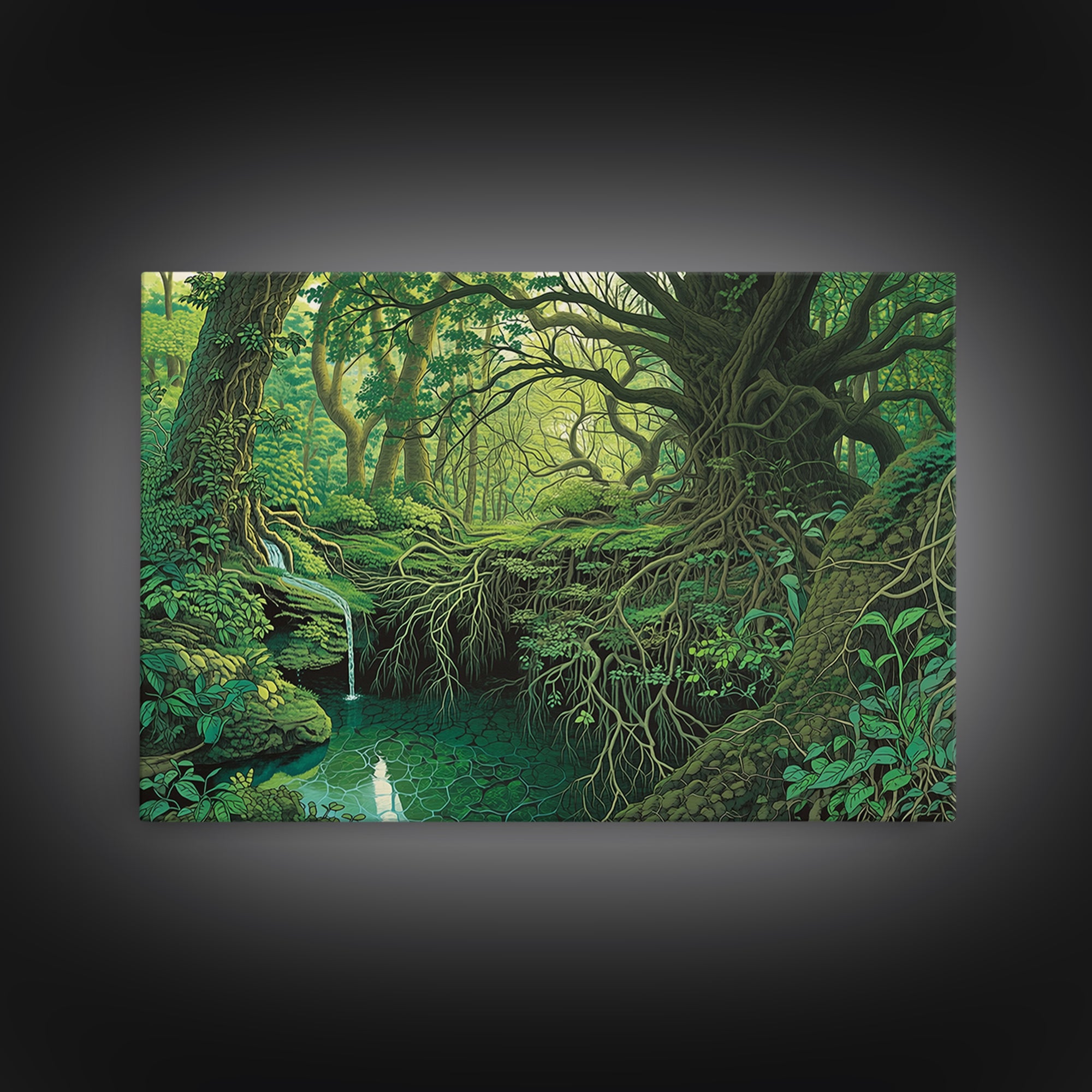 Ancient Emerald Forest Creek And Twisted Roots Wall Art, Green Nature Landscape Canvas, Mystical Jungle Home Decor For Living Room