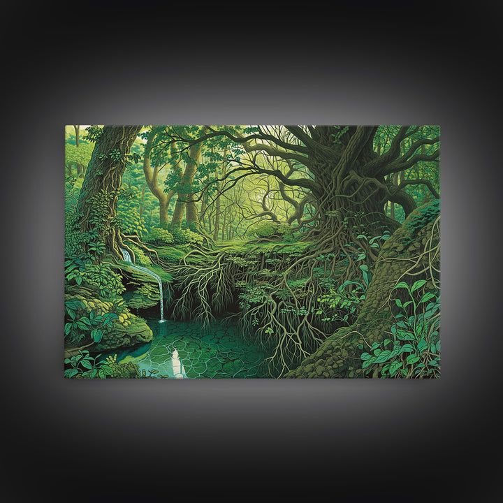 Ancient Emerald Forest Creek And Twisted Roots Wall Art, Green Nature Landscape Canvas, Mystical Jungle Home Decor For Living Room