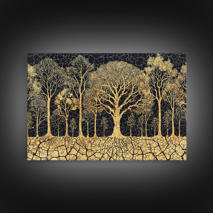 Golden Baobab Tree Grove On Black Cracked Earth Canvas Print, African Tree Inspired Abstract Wall Decor, Luxury Home Art
