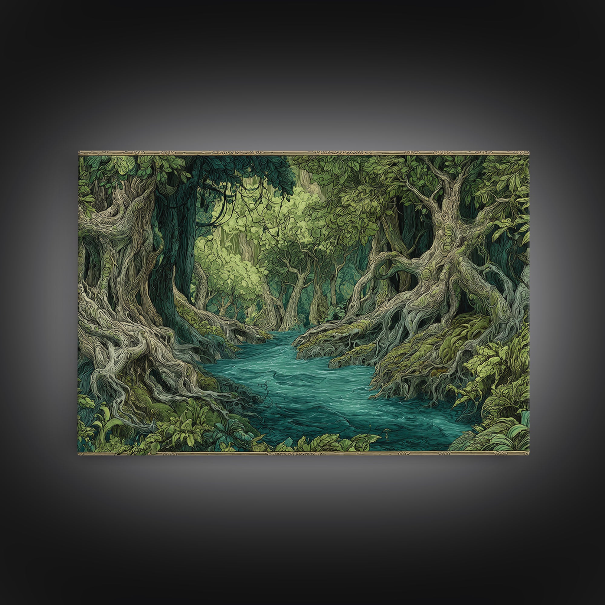 Enchanted River Forest With Ancient Roots Framed Canvas Print, Green Jungle Landscape Wall Decor, Mystical Nature Artwork