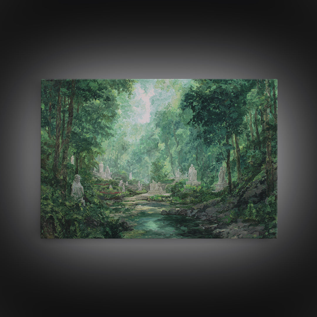 Misty Forest Ruins With Statues And Stream Wall Art, Green Nature Landscape Painting, Dreamy Garden Decor For Living Room