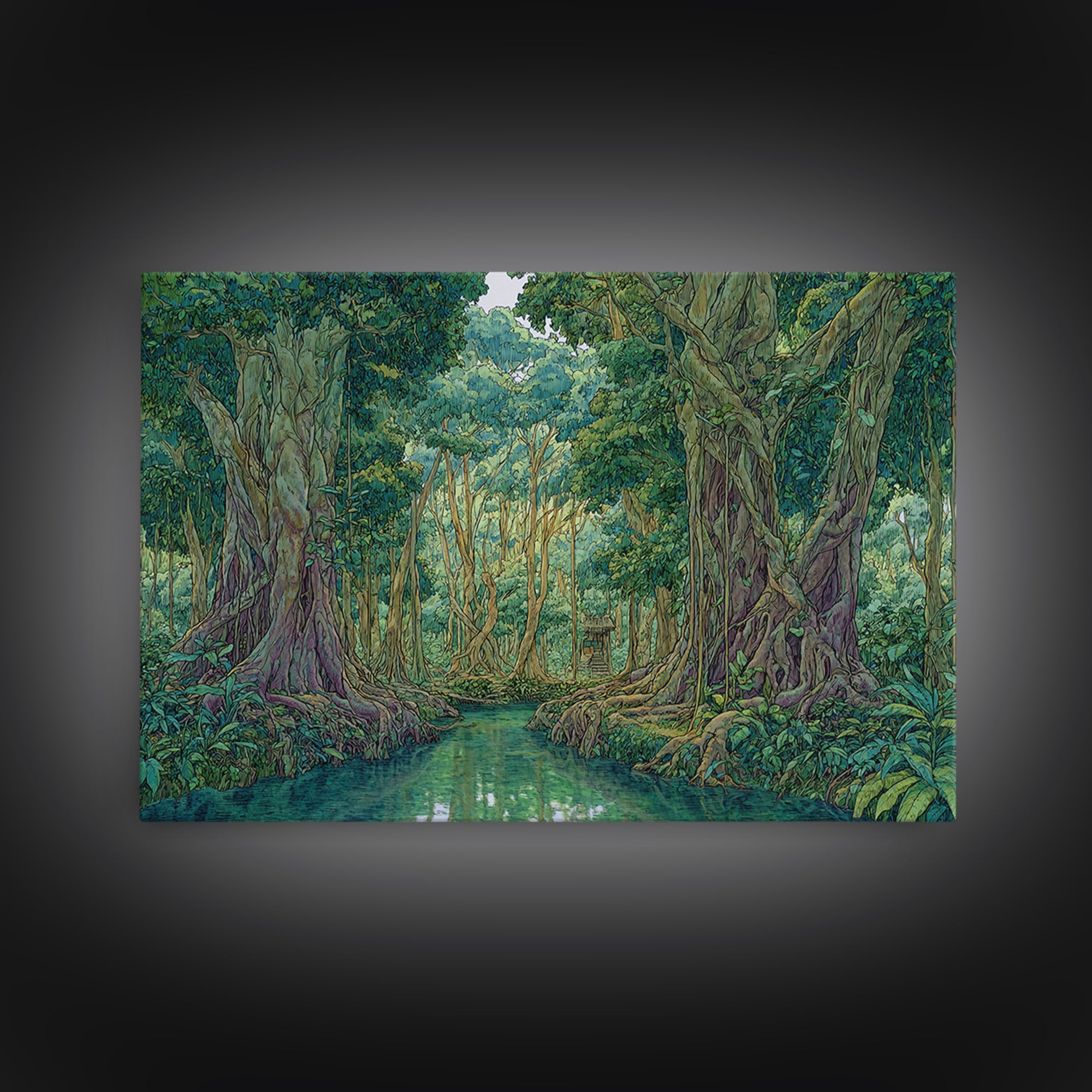 Lush Jungle River Between Towering Trees Canvas Print, Green Nature Landscape Wall Decor, Boho Tropical Living Room Art Print