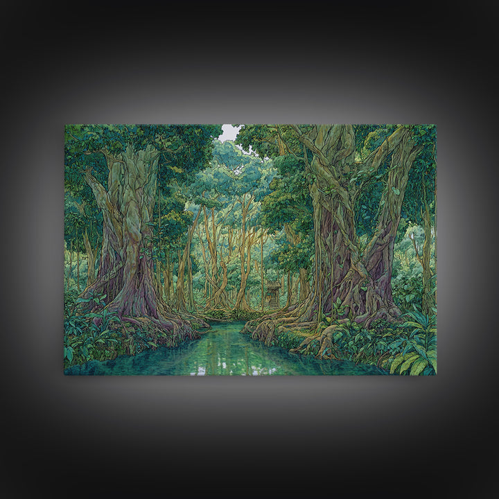 Lush Jungle River Between Towering Trees Canvas Print, Green Nature Landscape Wall Decor, Boho Tropical Living Room Art Print