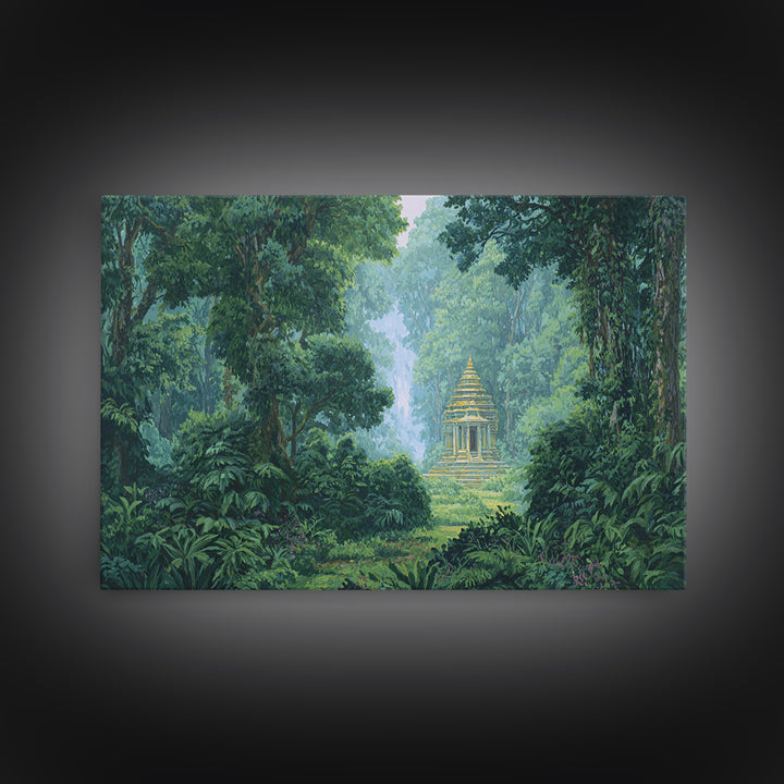 Hidden Golden Temple In Misty Jungle Framed Canvas Print, Green Nature Landscape Wall Decor, Spiritual Tropical Home Art