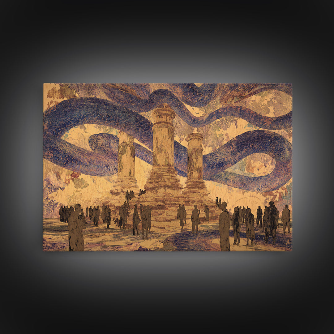 Ancient Columns Beneath Giant Serpent Canopy Wall Art, Surreal African Inspired Fantasy Landscape, Statement Home Decor Art