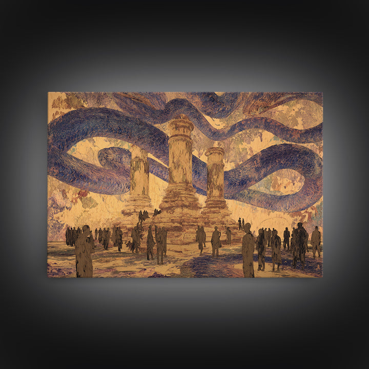 Ancient Columns Beneath Giant Serpent Canopy Wall Art, Surreal African Inspired Fantasy Landscape, Statement Home Decor Art