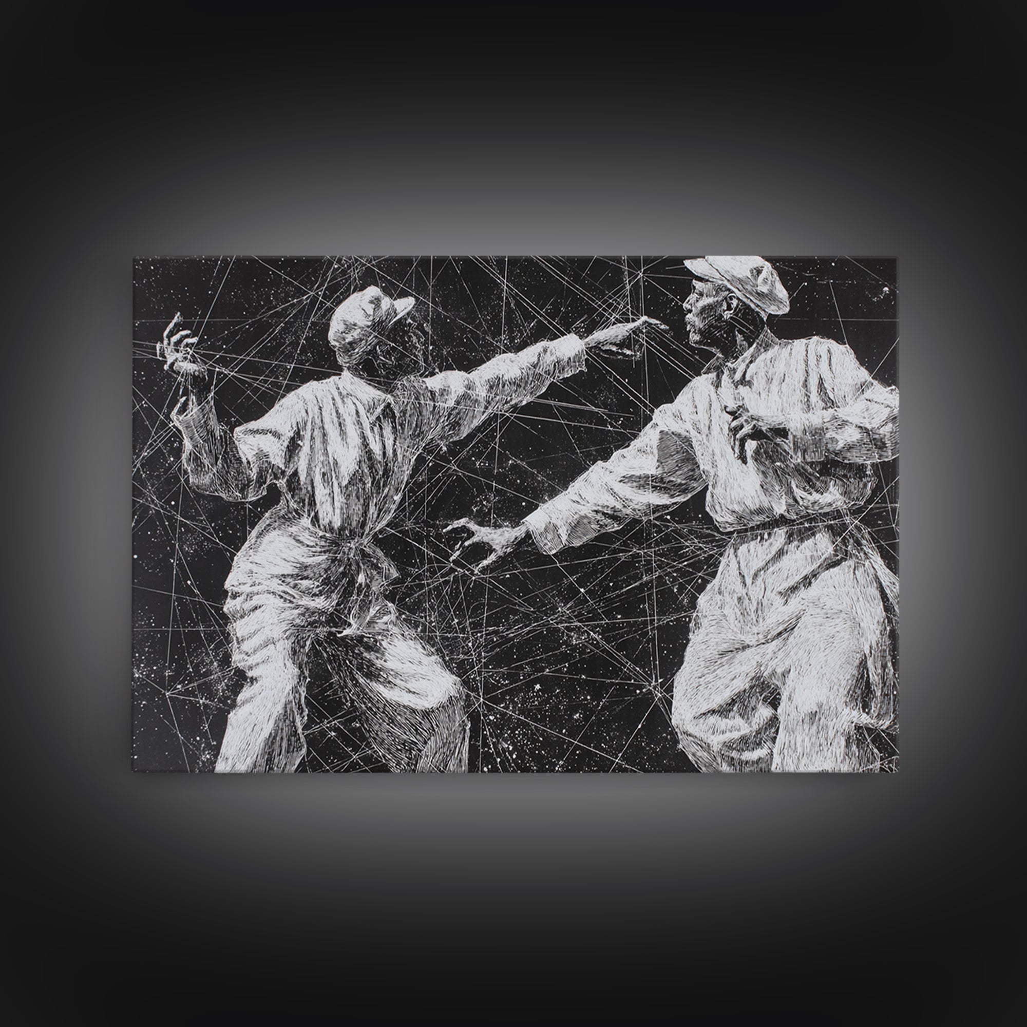 Black And White African Dancers Under Star Lines Wall Art, Afrocentric Art Print, Black Culture Decor, Modern Tribal Artwork
