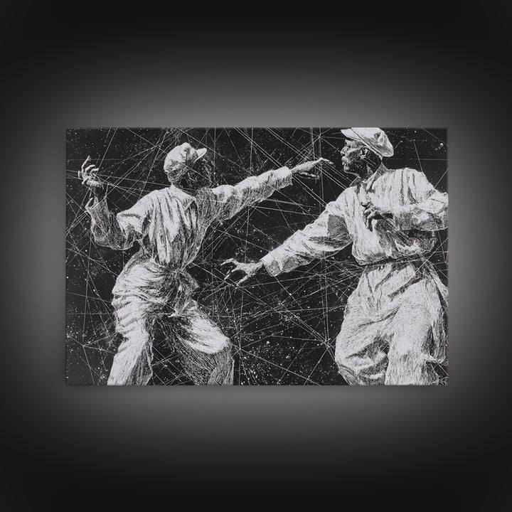Black And White African Dancers Under Star Lines Wall Art, Afrocentric Art Print, Black Culture Decor, Modern Tribal Artwork