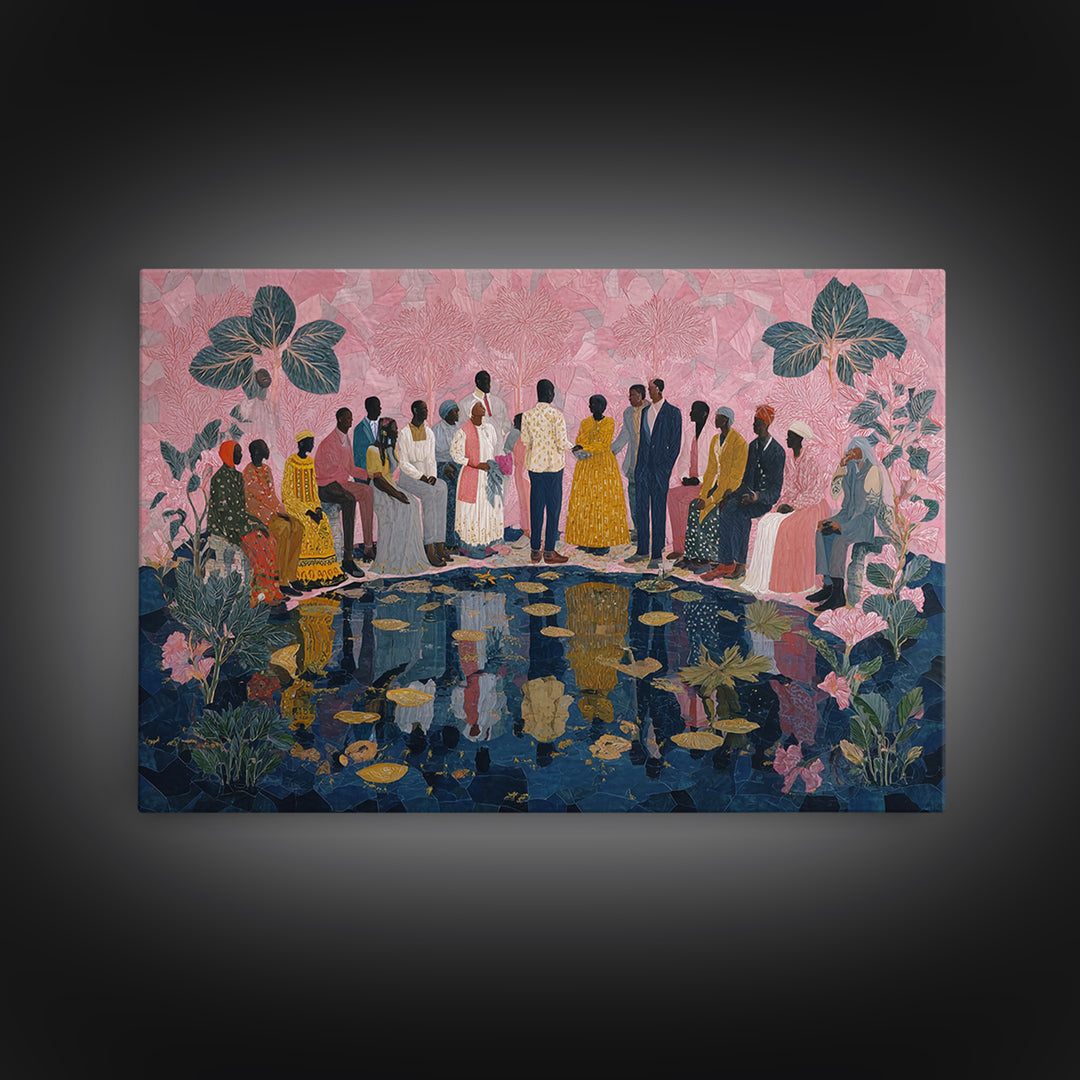 Elegant African Garden Ceremony By Lily Pond Canvas Print, Black Women Art, Afrocentric Wall Decor, Cultural Wedding Gift