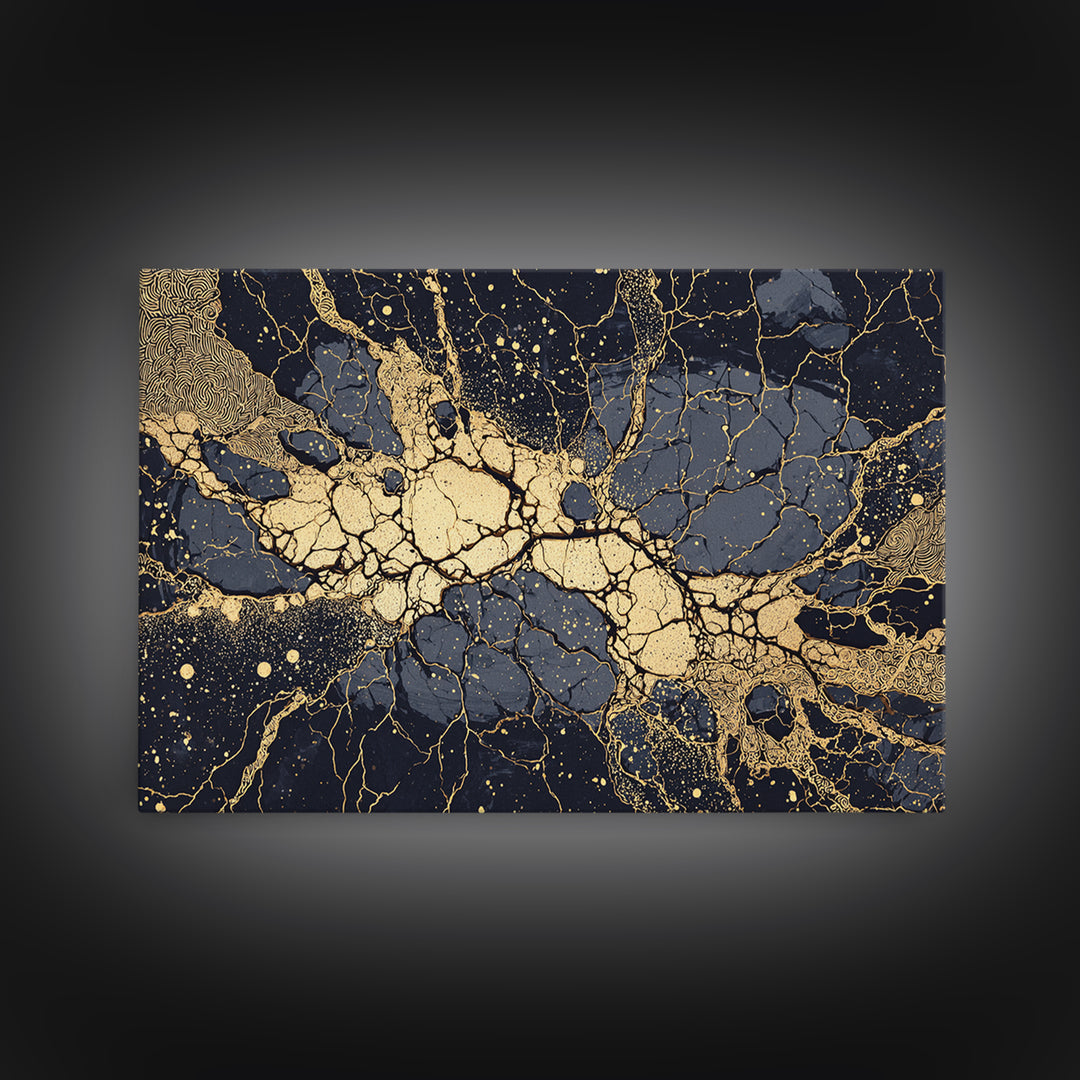 Black And Gold Abstract Cracked Marble Wall Art, Luxury Canvas Print, Modern Home Decor, Elegant Statement Piece Gift For Her