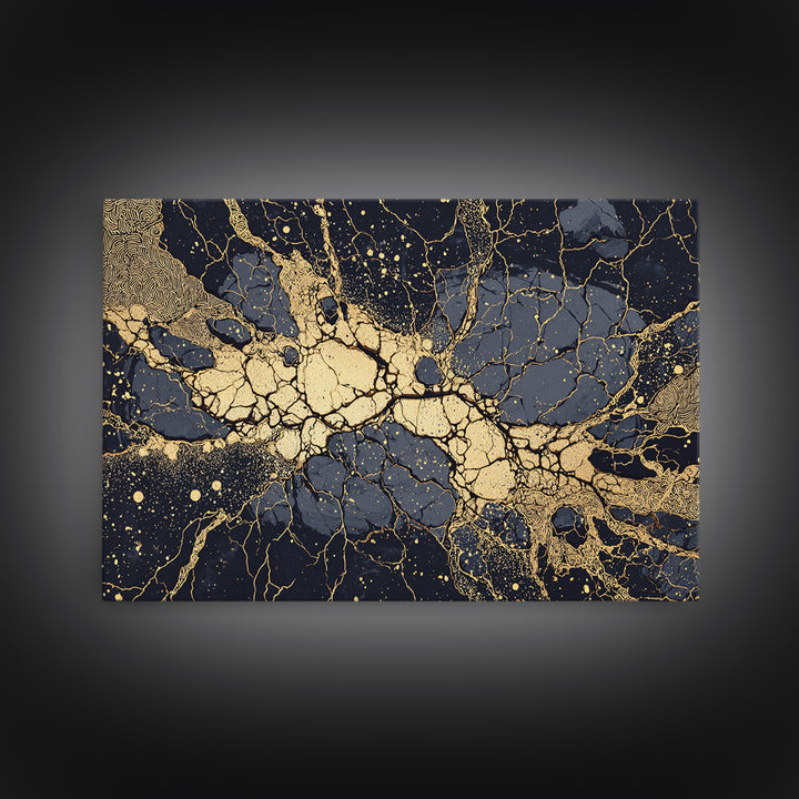 Black And Gold Abstract Cracked Marble Wall Art, Luxury Canvas Print, Modern Home Decor, Elegant Statement Piece Gift For Her