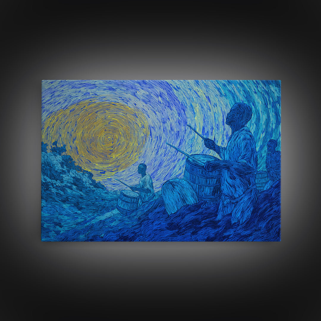 Blue African Drummers Beneath Swirling Sun Canvas Print, Tribal Music Wall Art, Afrocentric Decor, Cultural Home Gift For Him