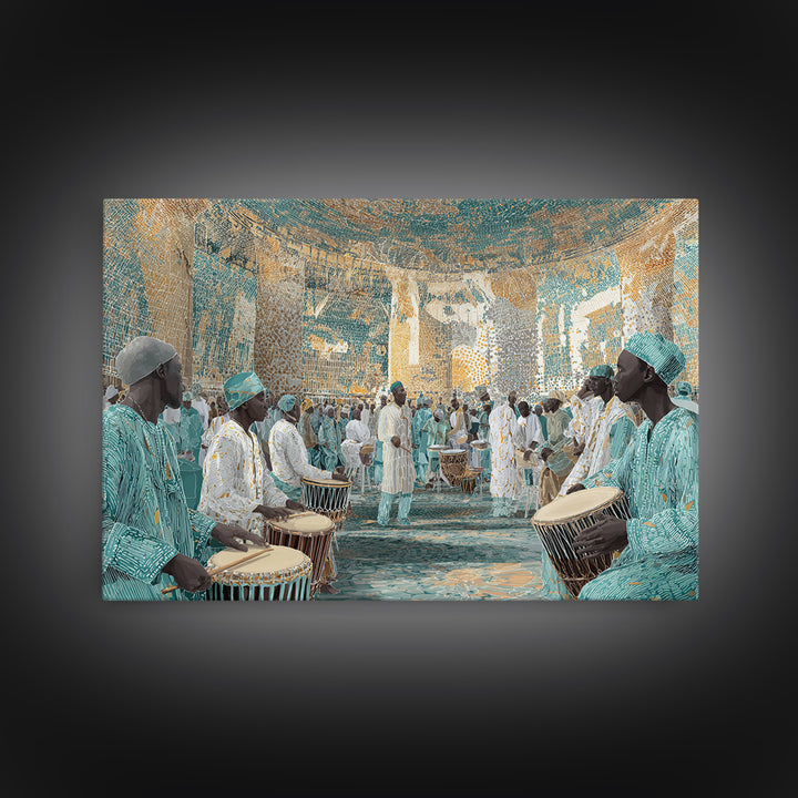 Turquoise African Drum Ceremony In Ornate Hall Framed Canvas Print, Afrocentric Wall Art, Cultural Decor, Luxury Home Gift