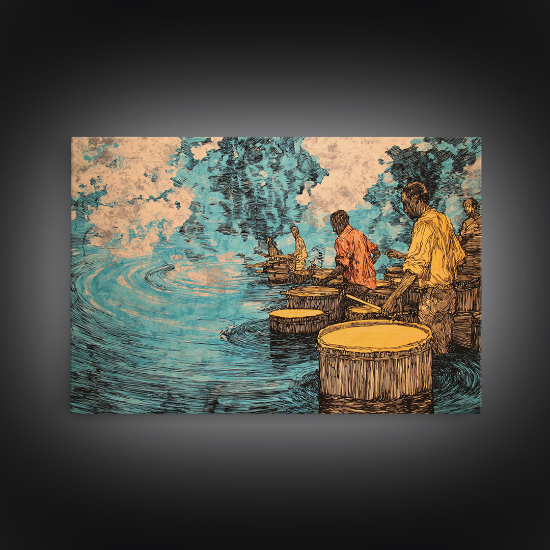 Waterside African Drummers With Blue Reflections Canvas Print, Afrocentric Music Art, Cultural Wall Decor, Unique Home Decor Gift