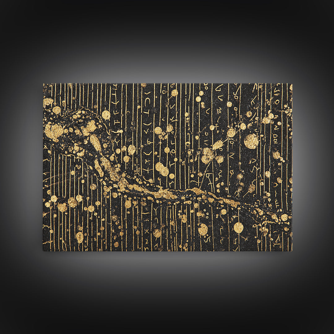 Black Gold Ancient Script Abstract Wall Art, African Inspired Luxury Canvas Decor, Textured Tribal Pattern Home Accent Print