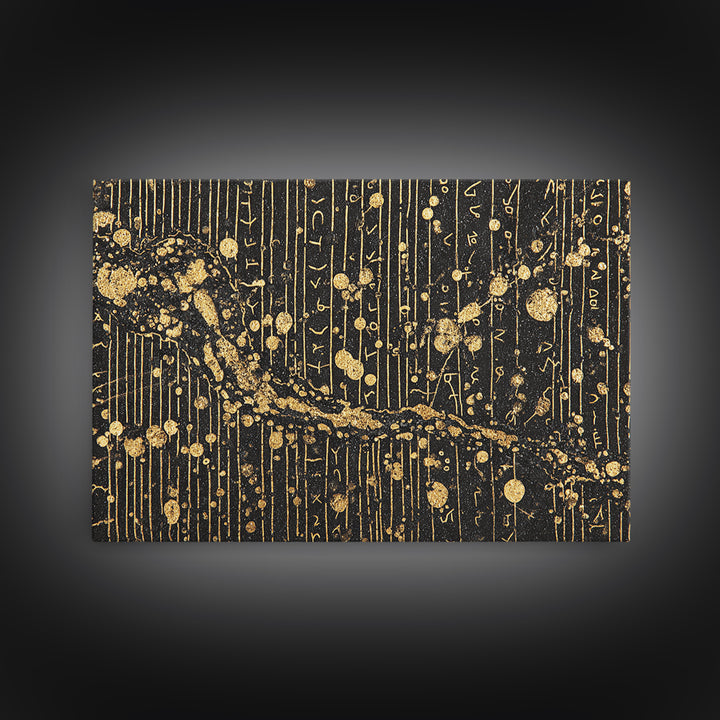 Black Gold Ancient Script Abstract Wall Art, African Inspired Luxury Canvas Decor, Textured Tribal Pattern Home Accent Print