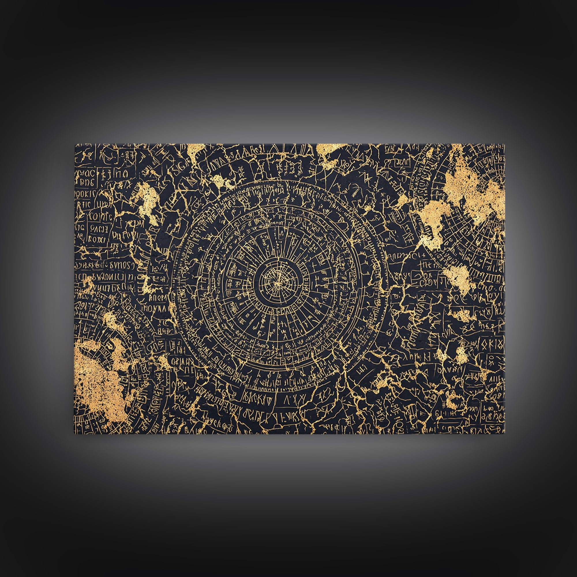 Gold Circular Ancient Map Wall Art, African Inspired Abstract Pattern, Tribal Astronomy Decor, Luxury Black Canvas Print