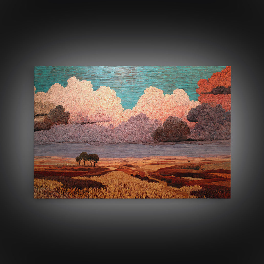 Dreamy African Savanna Landscape Canvas Print, Pink Cloud Sunset Wall Decor, Earth Tone Nature Scene Art For Living Room Gift