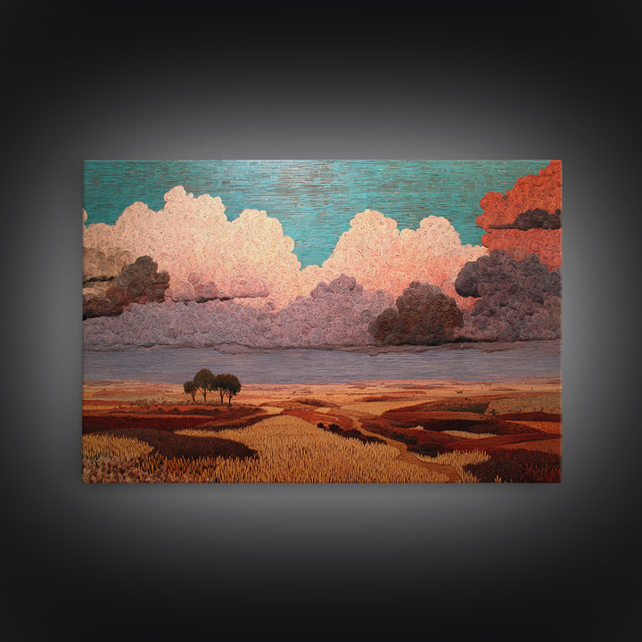 Dreamy African Savanna Landscape Canvas Print, Pink Cloud Sunset Wall Decor, Earth Tone Nature Scene Art For Living Room Gift