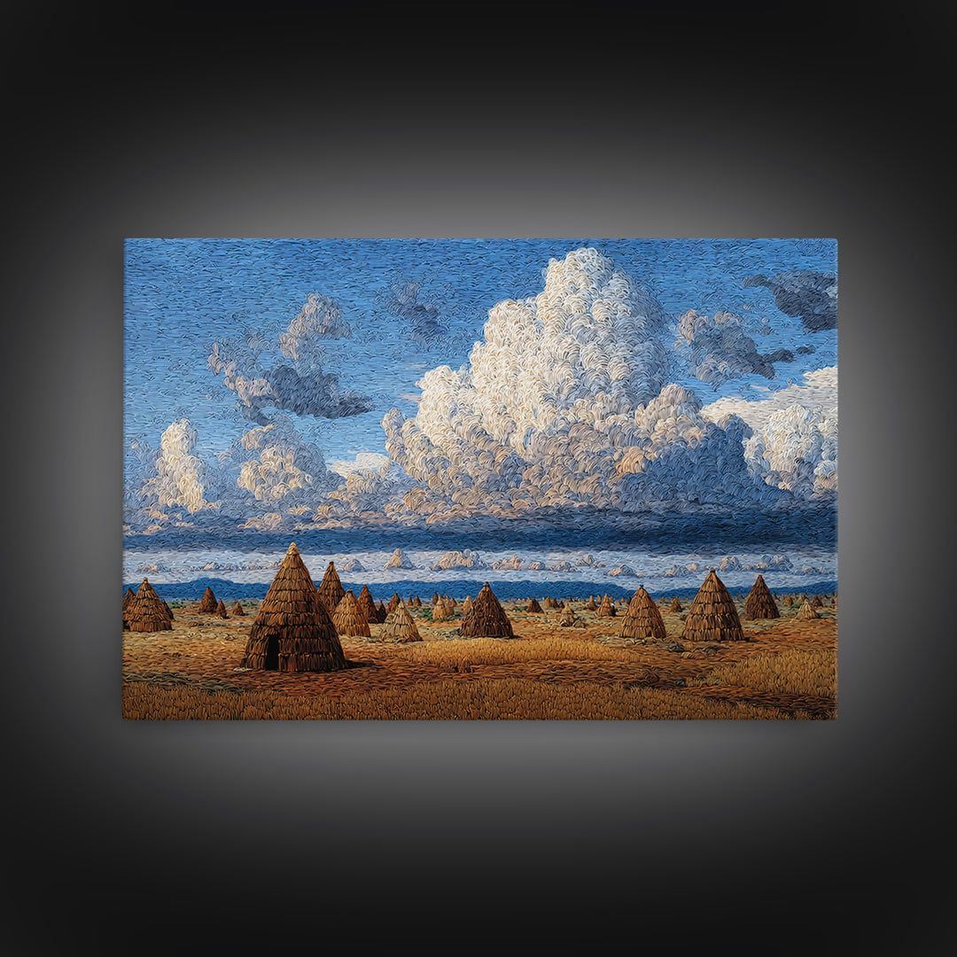 Coastal African Village Huts Wall Art, Blue Sky Landscape Painting, Cultural Safari Decor, Rustic Home Canvas Print Gift