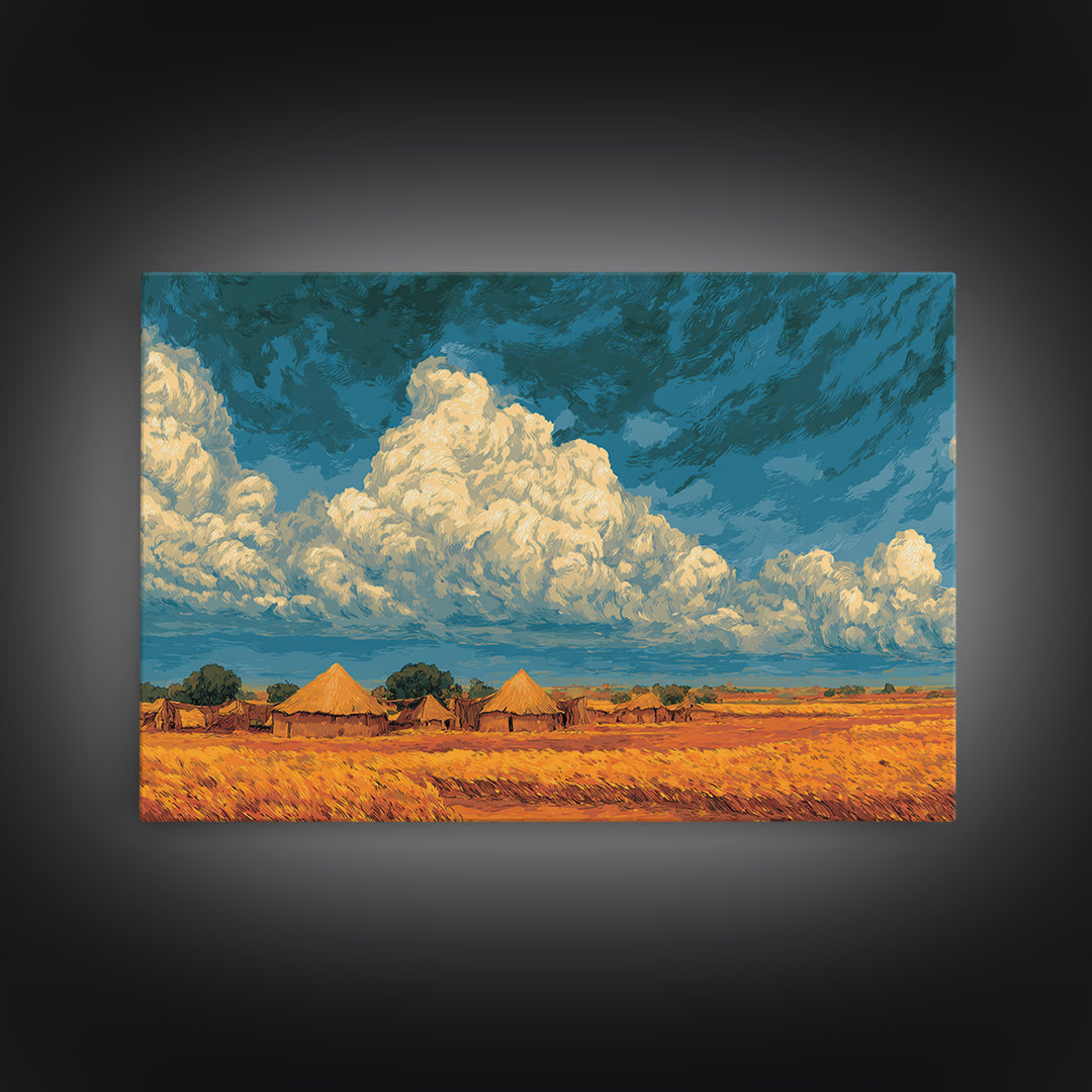 Golden African Village Landscape Framed Canvas Print, Dramatic Cloud Wall Decor, Safari Art For Warm Boho Home Decor Gift