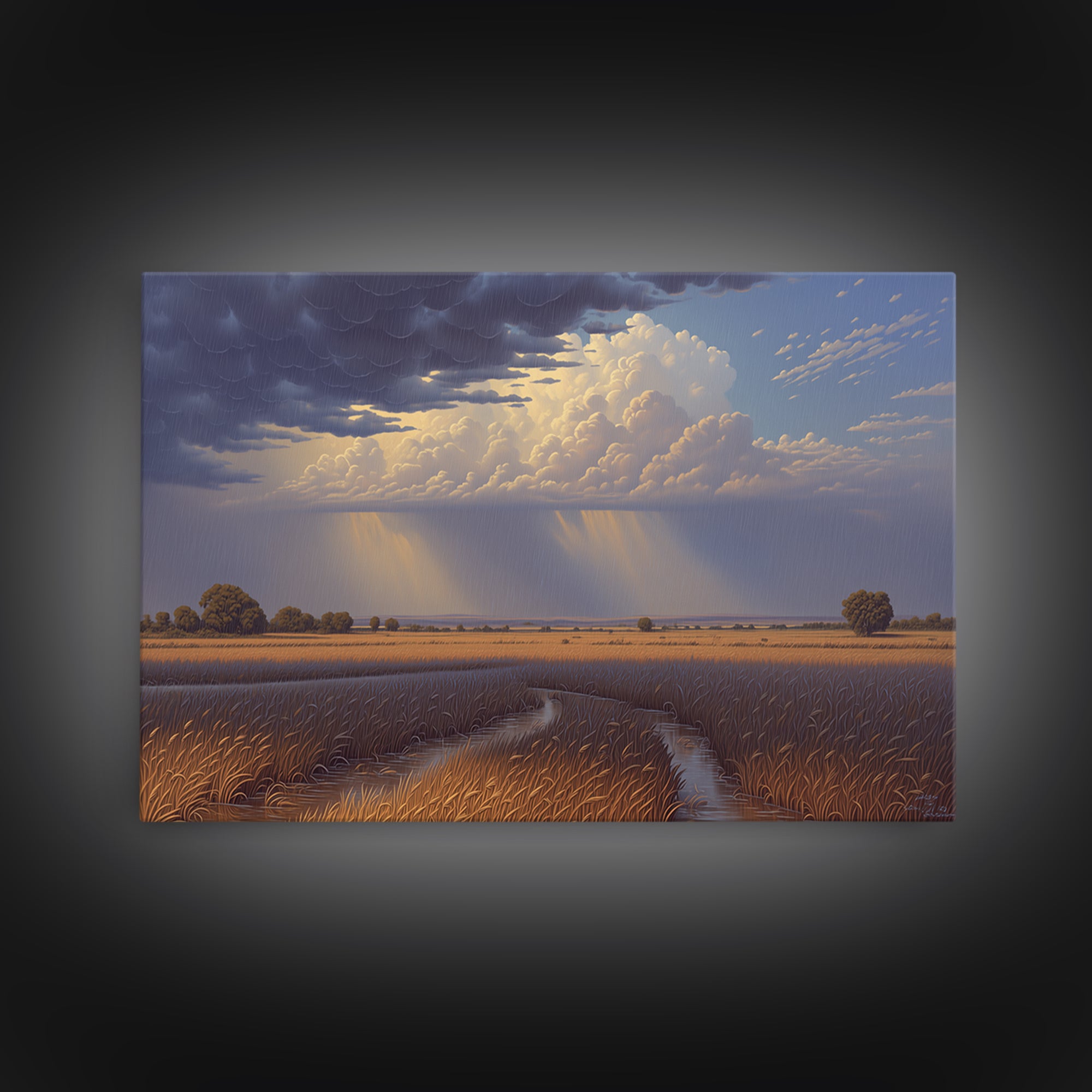 Golden Wetland Storm Over African Savanna Wall Art, Dramatic Landscape Canvas Print, Safari Decor, Earth Tone Home Decor