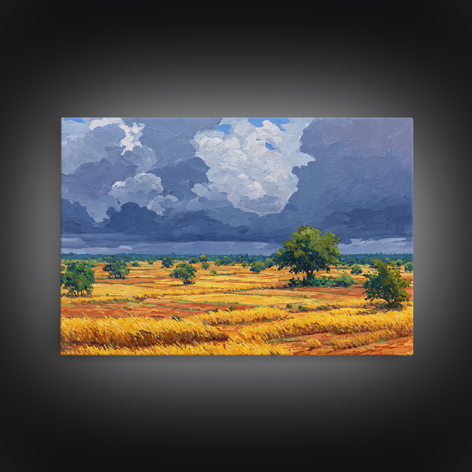 Golden African Plains Under Storm Clouds Canvas Print, Savanna Landscape Wall Art, Safari Decor, Modern Home Decor Gift For Him