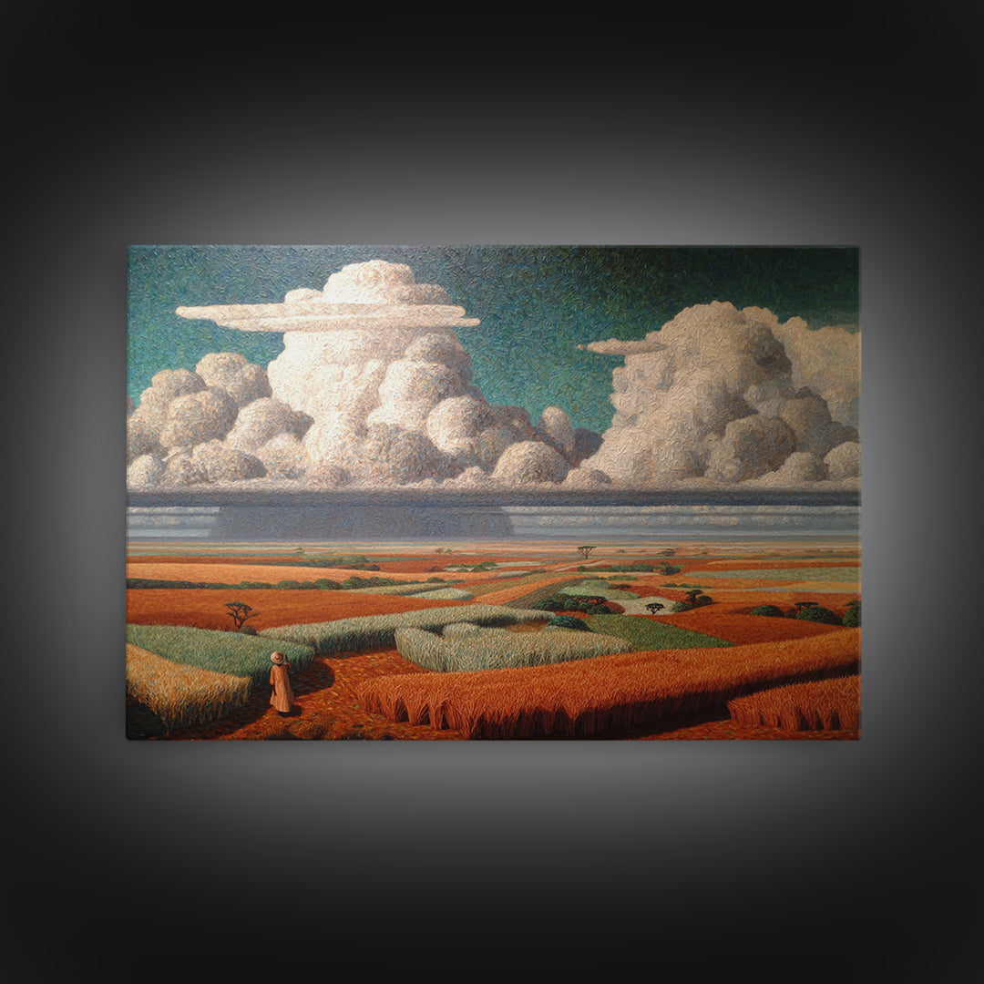 Patchwork Fields And Giant Clouds African Wall Art, Cultural Landscape Canvas Print, Earth Tone Decor, Unique Home Decor