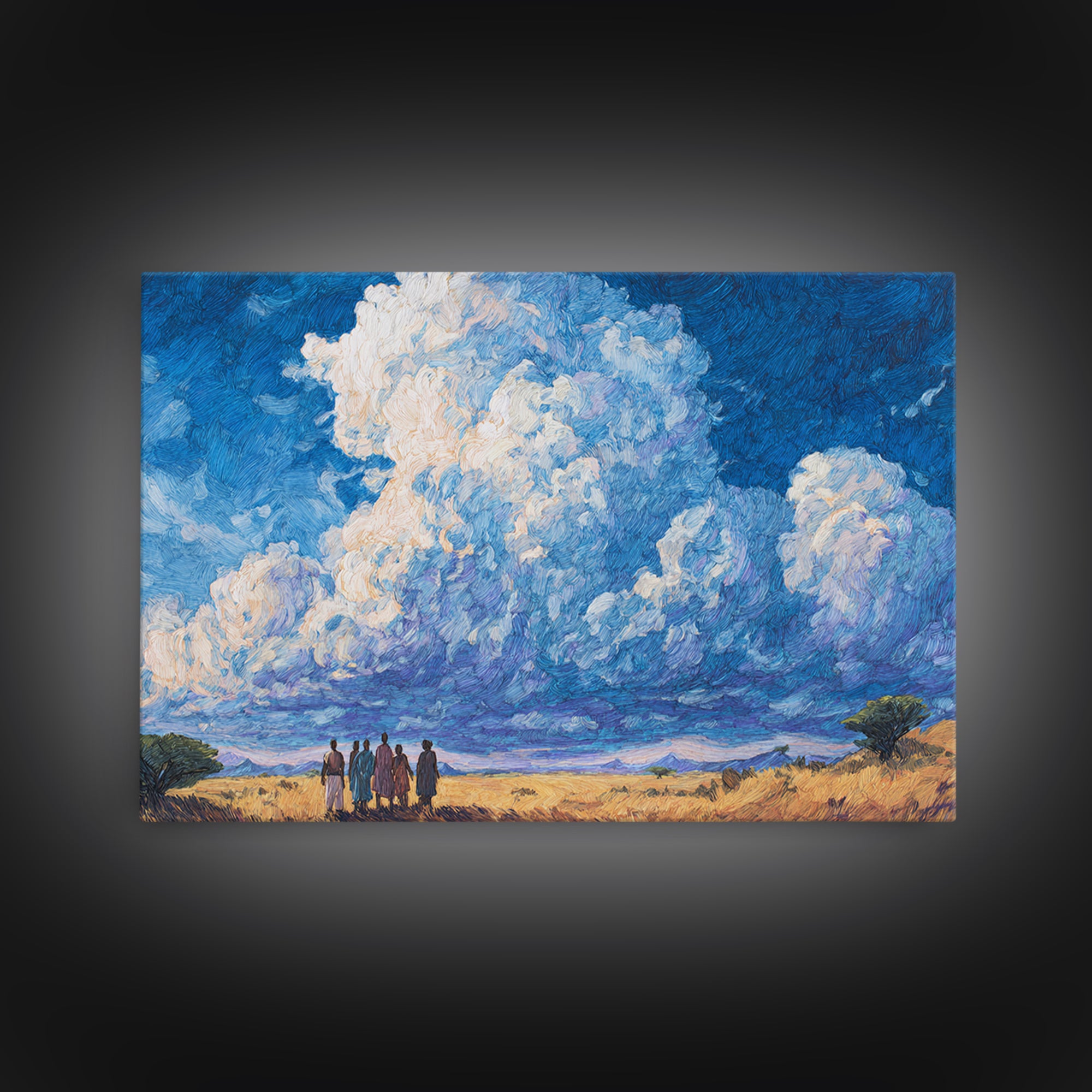 Maasai Figures Beneath Towering Blue Clouds Wall Art, African Landscape Canvas Print, Cultural Art, Living Room Decor Gift
