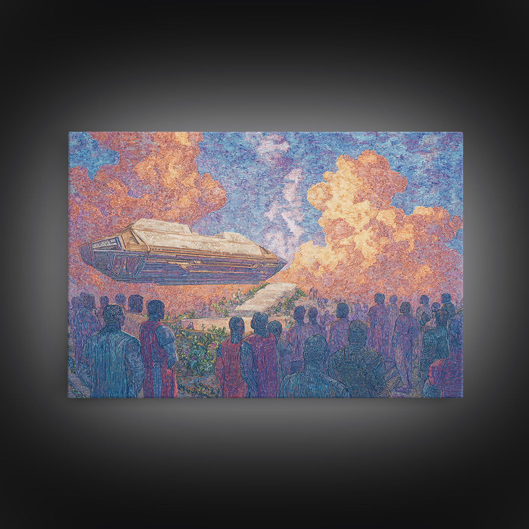 Afrofuturist Airship Above African Crowd Wall Art, Sci Fi Canvas Print, Black Culture Art, Bold Home Decor, Unique Gift For Him
