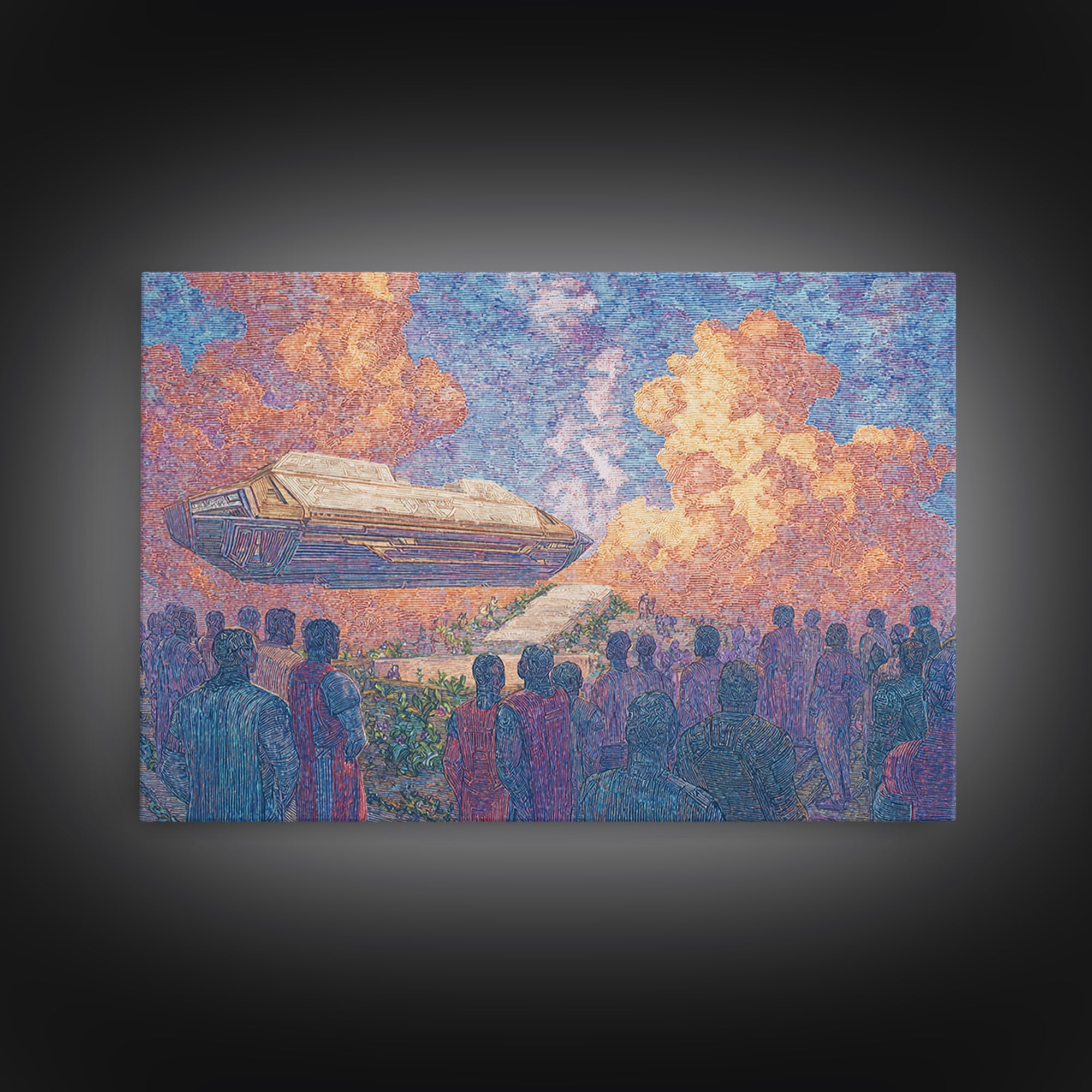 Afrofuturist Airship Above African Crowd Wall Art, Sci Fi Canvas Print, Black Culture Art, Bold Home Decor, Unique Gift For Him