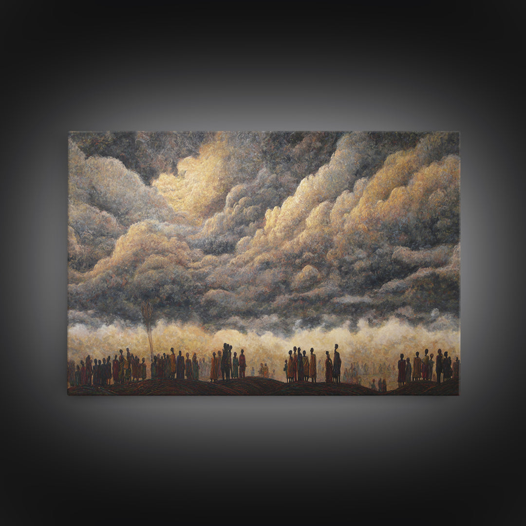 Gathered Silhouettes Under Thunderclouds Framed Canvas Print, African Wall Art, Spiritual Landscape, Statement Home Decor
