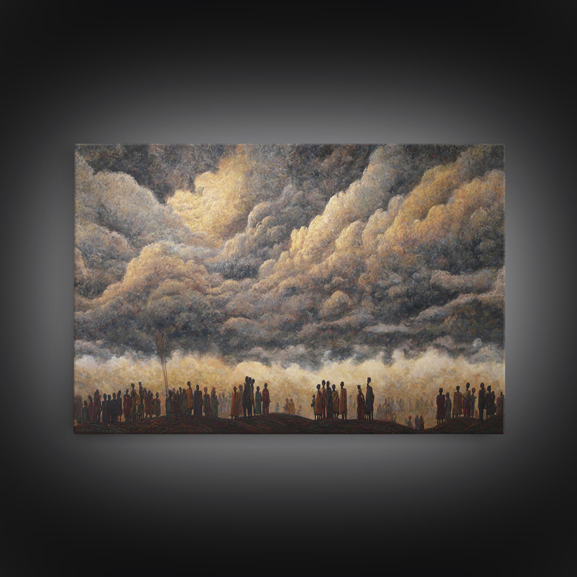 Gathered Silhouettes Under Thunderclouds Framed Canvas Print, African Wall Art, Spiritual Landscape, Statement Home Decor