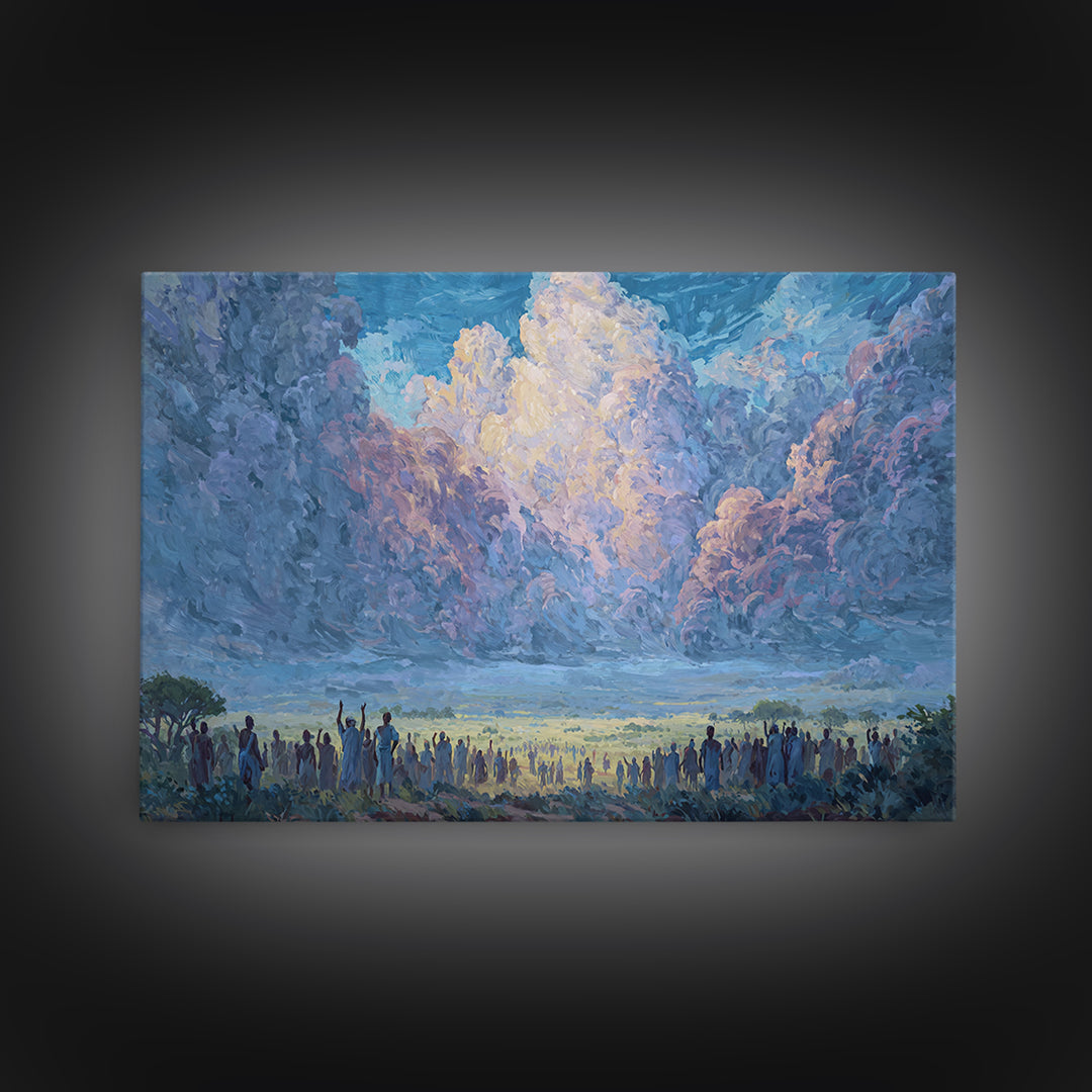 Blue Dawn Clouds Over African Gathering Wall Art, Modern African Art Canvas Print, Cultural Wall Decor, Meaningful Gift For Her