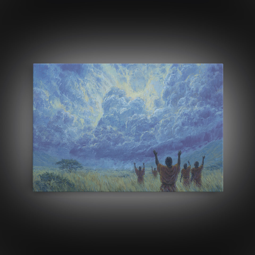 Figures Raising Hands To Radiant Blue Storm Wall Art, Spiritual African Canvas Print, Ancestral Decor, Prayer Room Art Gift