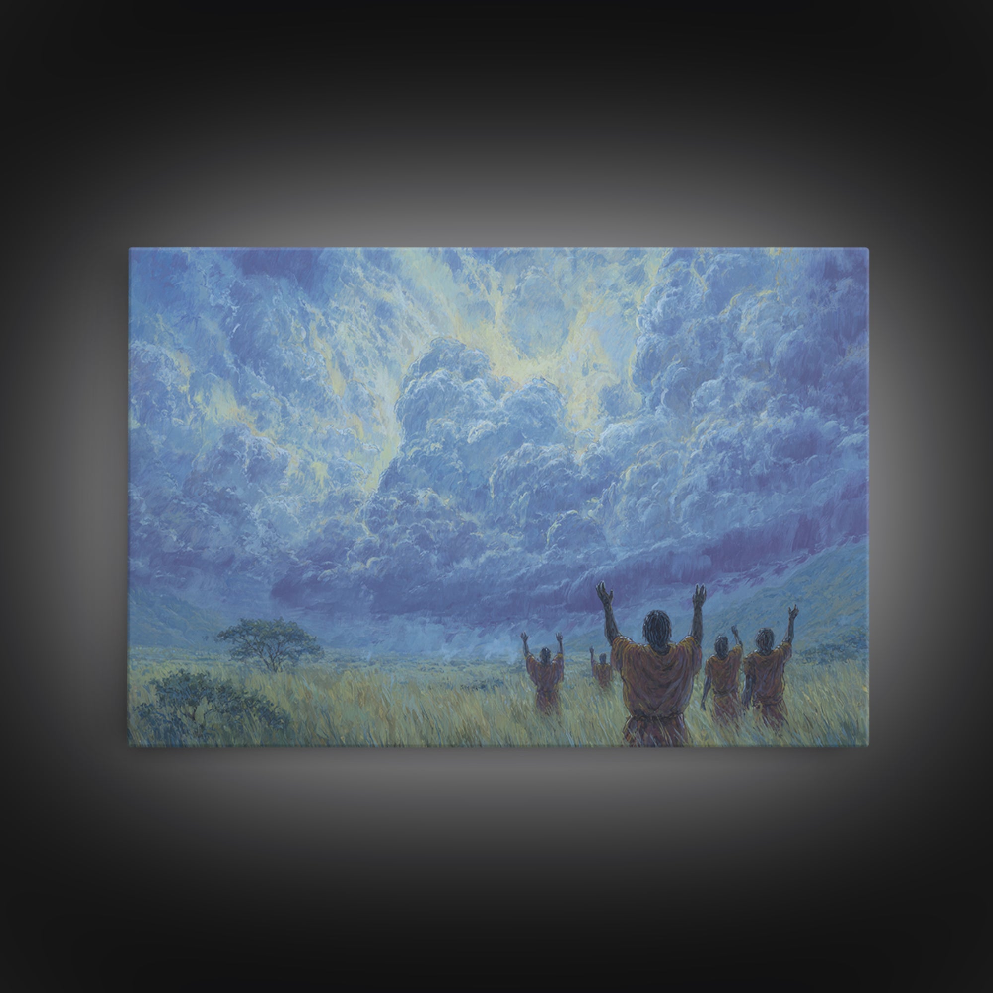 Figures Raising Hands To Radiant Blue Storm Wall Art, Spiritual African Canvas Print, Ancestral Decor, Prayer Room Art Gift
