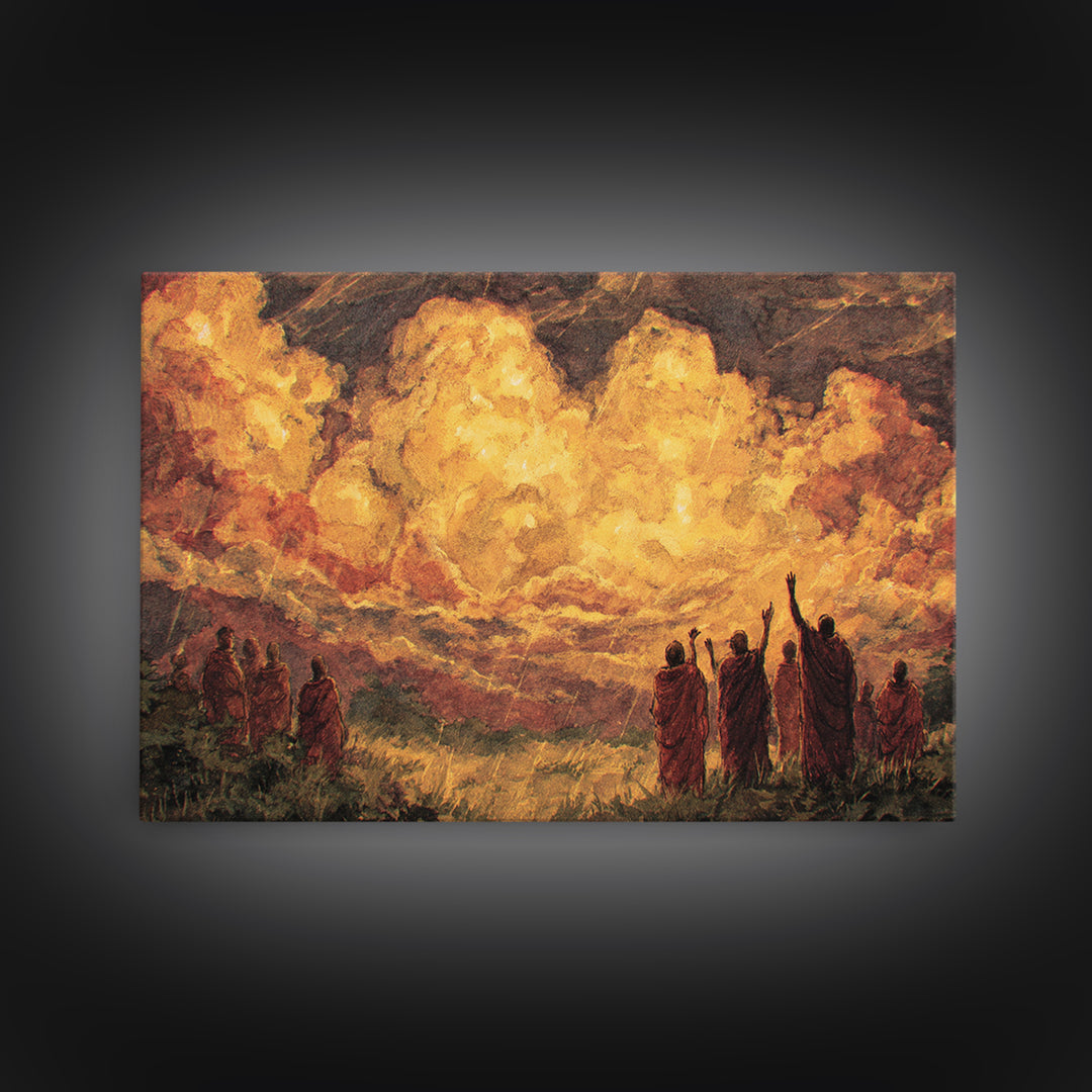 Robed Figures Before Fiery Golden Clouds Canvas Print, African Wall Art, Spiritual Landscape, Burnt Orange Home Decor Gift