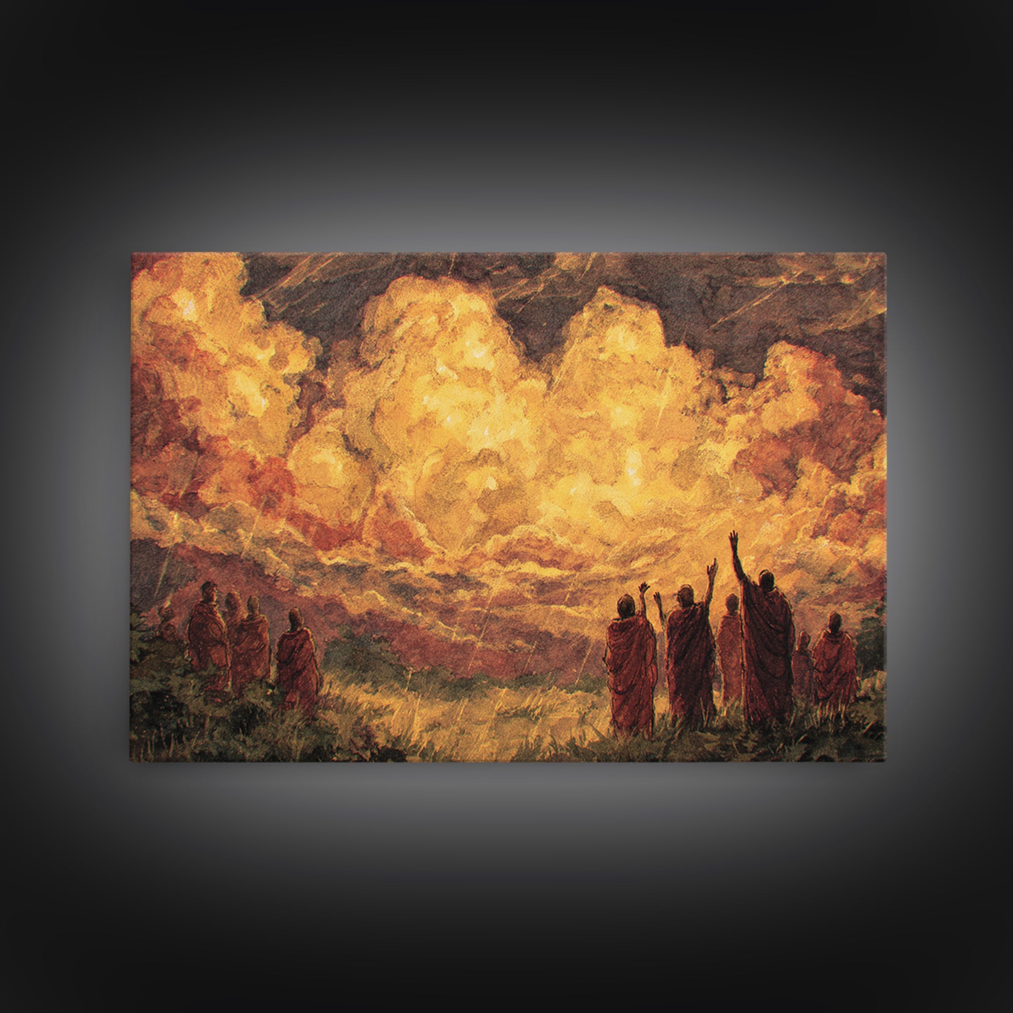 Robed Figures Before Fiery Golden Clouds Canvas Print, African Wall Art, Spiritual Landscape, Burnt Orange Home Decor Gift