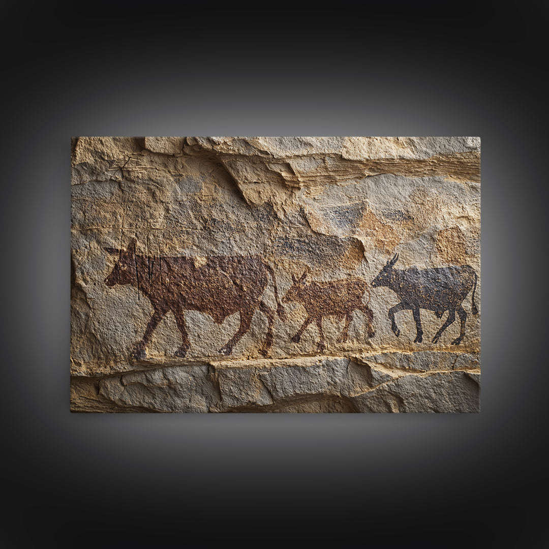 Stone Wall Herd Rock Painting Framed Canvas Print, African Animal Art, Rustic Tribal Art Decor, Cultural Home Decor Gift