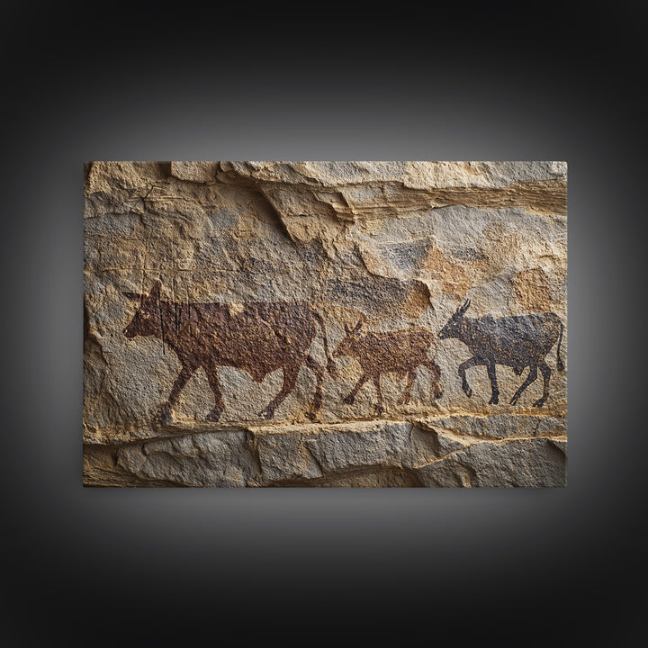 Stone Wall Herd Rock Painting Framed Canvas Print, African Animal Art, Rustic Tribal Art Decor, Cultural Home Decor Gift