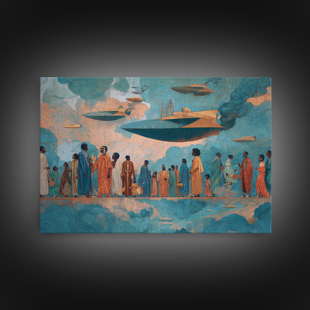 Afrofuturist Sky Procession Wall Art, Modern African Art, Black Culture Art Print, Teal Orange Contemporary Home Decor Gift