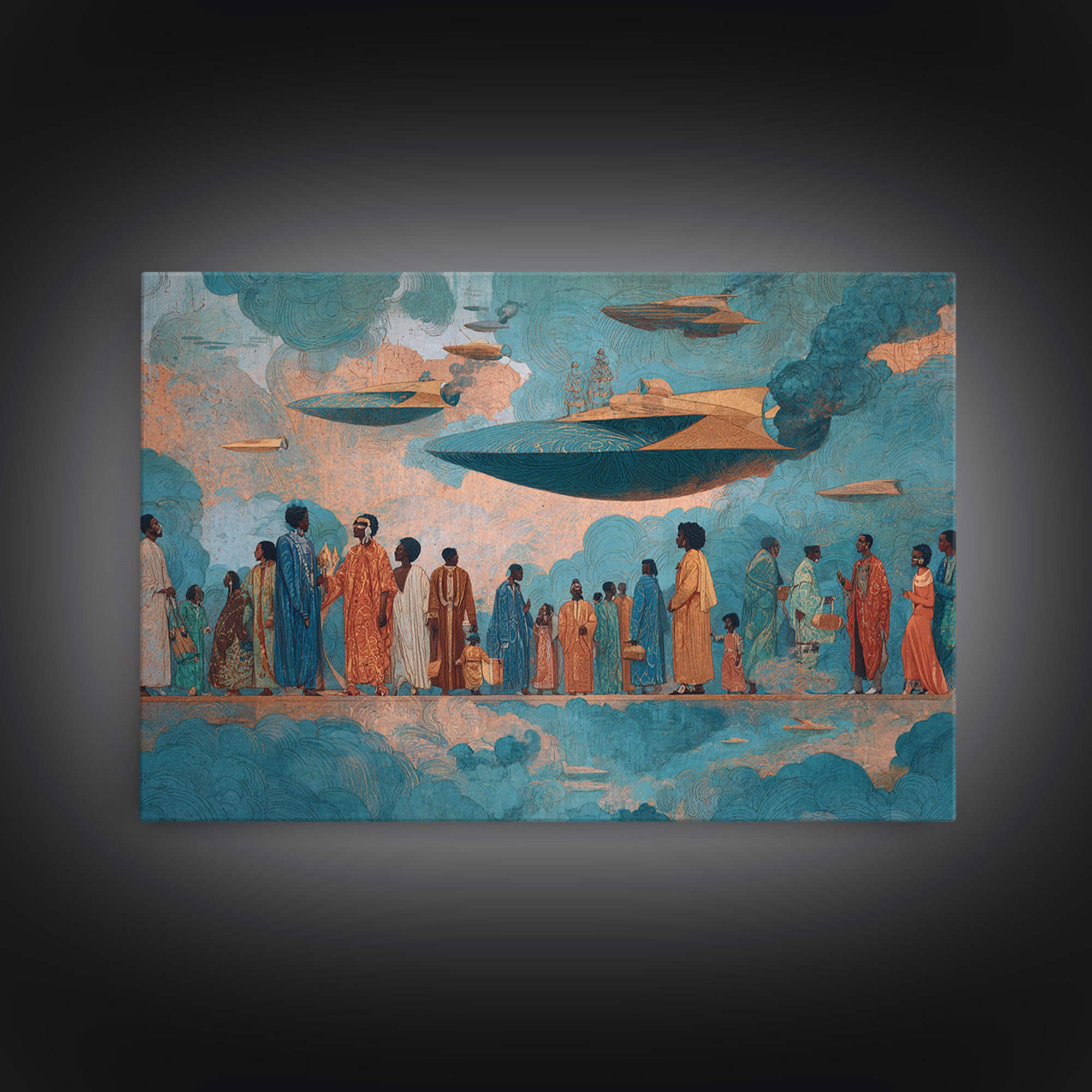 Afrofuturist Sky Procession Wall Art, Modern African Art, Black Culture Art Print, Teal Orange Contemporary Home Decor Gift