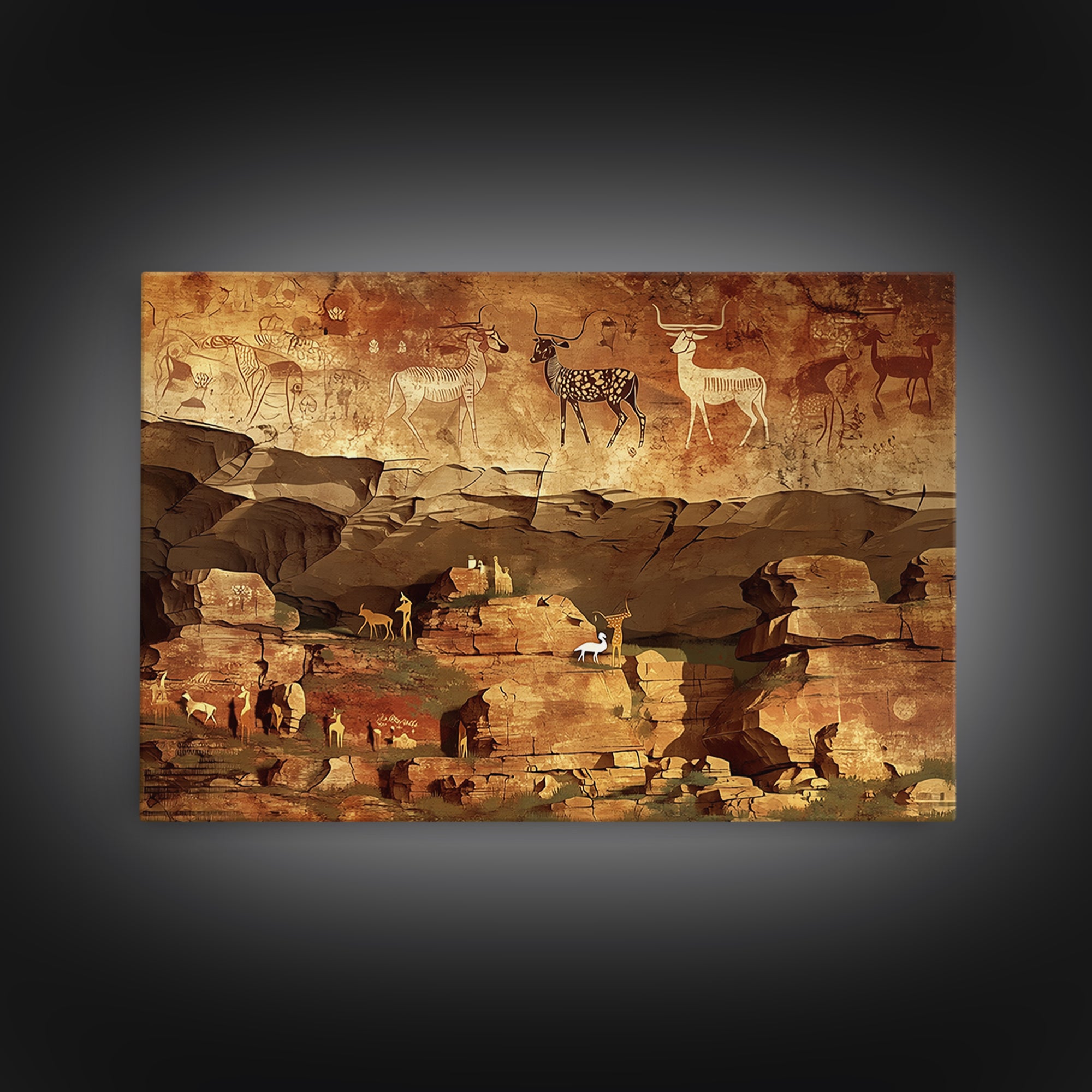 Ancient Canyon Cattle Cave Scene Canvas Print, African Safari Art, Tribal Rock Painting, Earth Tone Cultural Wall Decor Gift