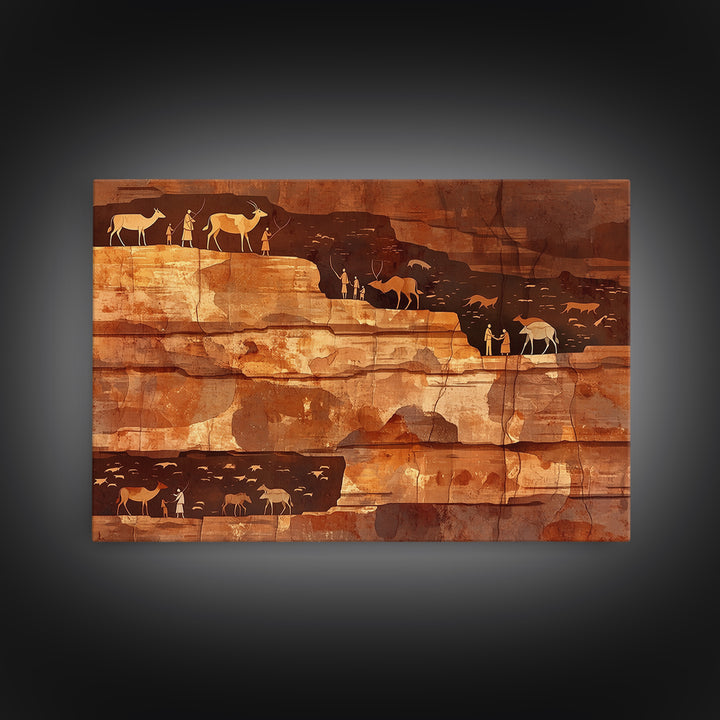 Desert Cliff Hunters And Antelope Wall Art, Ancient African Art Print, Terracotta Safari Decor, Rustic Cultural Wall Decor